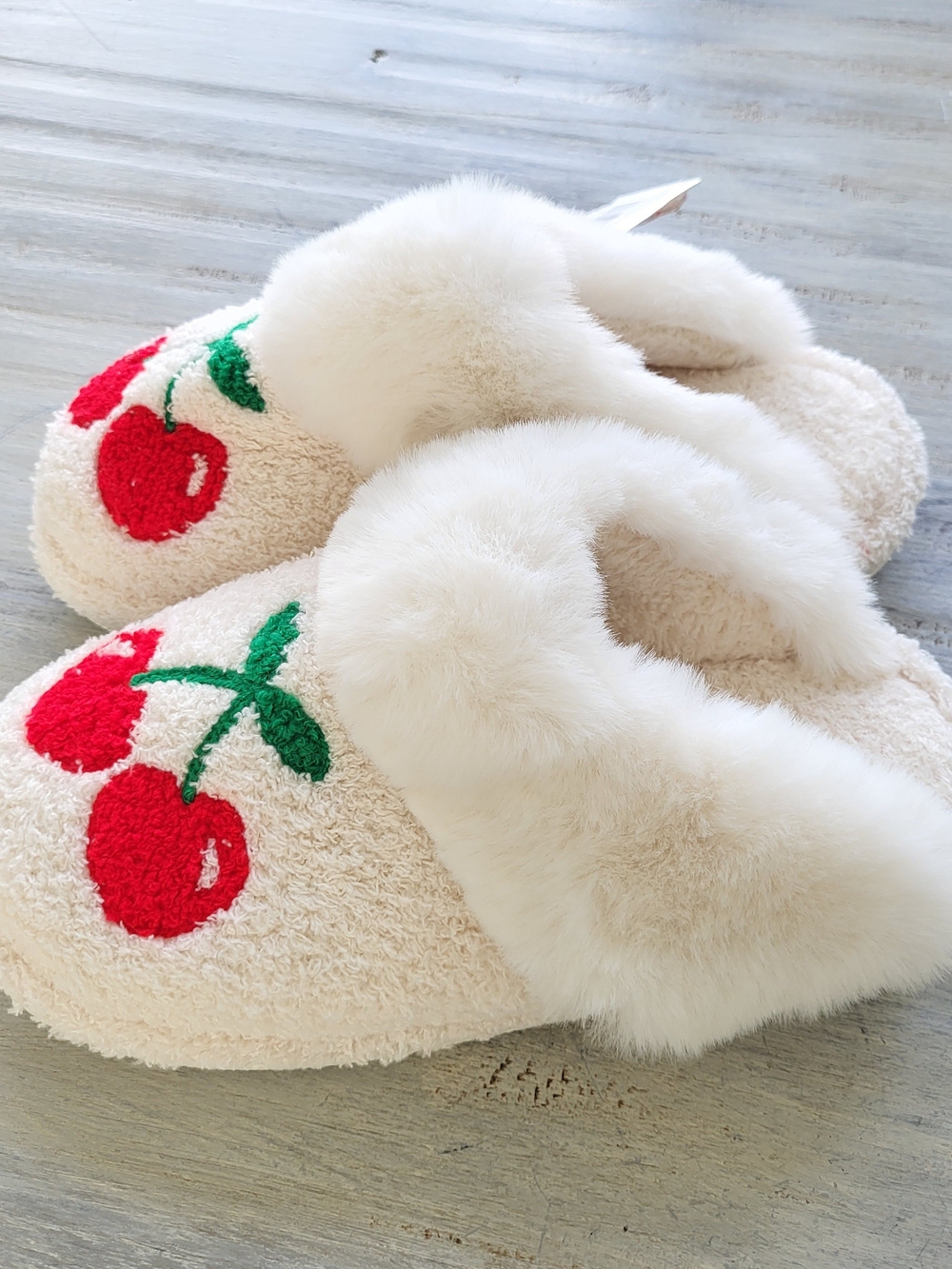Cream Cherry Faux-Fur Slide Slippers 38-39